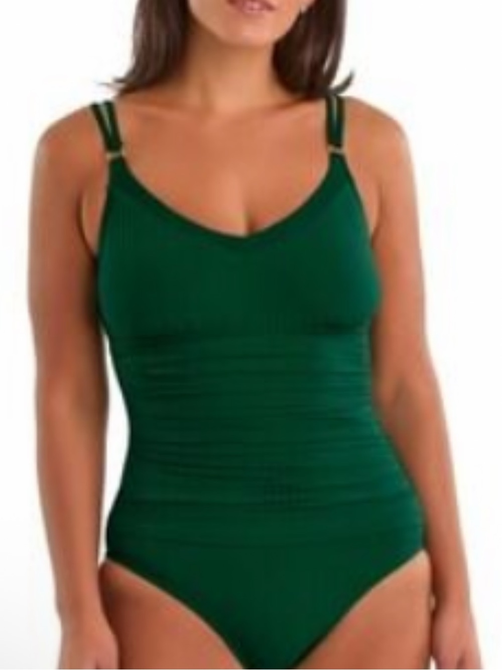 Ellen Tracy NWOT S RIBBED RUCHED GREEN V NECK One-Piece Swimsuit